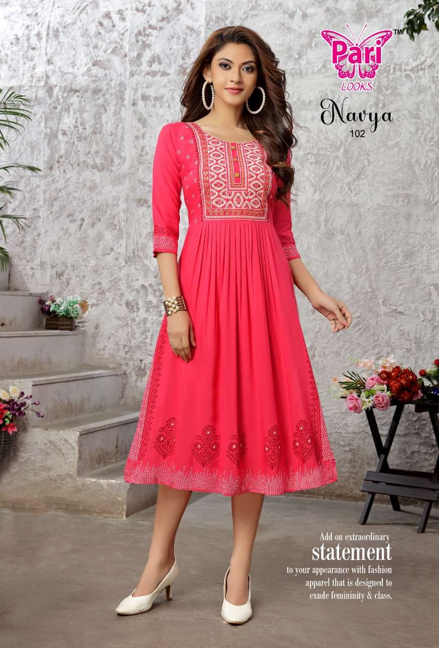 NAVYA BY PARI 101 TO 106 SERIES DESIGNER STYLISH FANCY COLORFUL BEAUTIFUL PARTY WEAR & ETHNIC WEAR COLLECTION PURE RAYON KURTIS AT WHOLESALE PRICE
