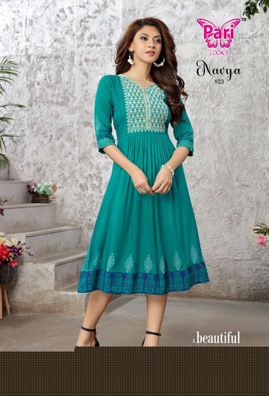 NAVYA BY PARI 101 TO 106 SERIES DESIGNER STYLISH FANCY COLORFUL BEAUTIFUL PARTY WEAR & ETHNIC WEAR COLLECTION PURE RAYON KURTIS AT WHOLESALE PRICE