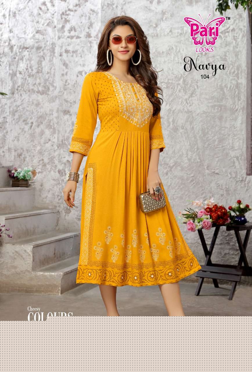 NAVYA BY PARI 101 TO 106 SERIES DESIGNER STYLISH FANCY COLORFUL BEAUTIFUL PARTY WEAR & ETHNIC WEAR COLLECTION PURE RAYON KURTIS AT WHOLESALE PRICE