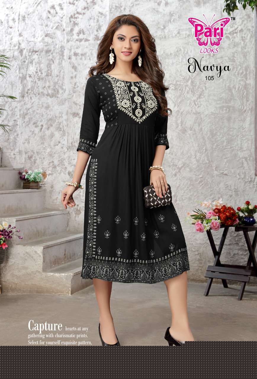 NAVYA BY PARI 101 TO 106 SERIES DESIGNER STYLISH FANCY COLORFUL BEAUTIFUL PARTY WEAR & ETHNIC WEAR COLLECTION PURE RAYON KURTIS AT WHOLESALE PRICE