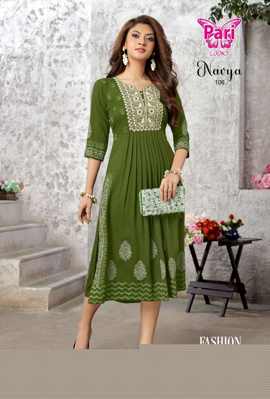 NAVYA BY PARI 101 TO 106 SERIES DESIGNER STYLISH FANCY COLORFUL BEAUTIFUL PARTY WEAR & ETHNIC WEAR COLLECTION PURE RAYON KURTIS AT WHOLESALE PRICE