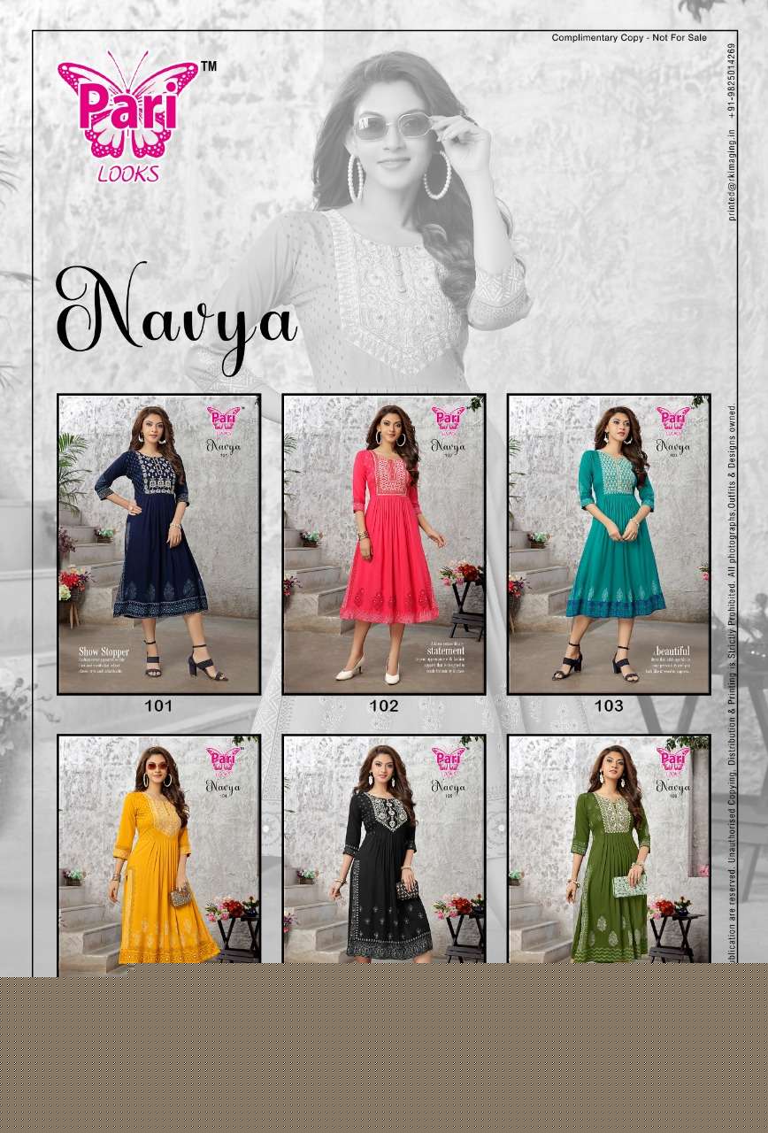 NAVYA BY PARI 101 TO 106 SERIES DESIGNER STYLISH FANCY COLORFUL BEAUTIFUL PARTY WEAR & ETHNIC WEAR COLLECTION PURE RAYON KURTIS AT WHOLESALE PRICE