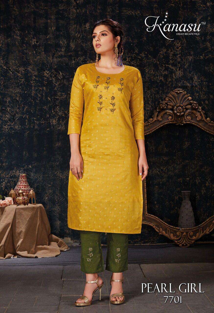 PEARL GIRL BY KANASU 7701 TO 7708 SERIES DESIGNER STYLISH FANCY COLORFUL BEAUTIFUL PARTY WEAR & ETHNIC WEAR COLLECTION CHANDERI SILK WITH WORK KURTIS WITH BOTTOM AT WHOLESALE PRICE