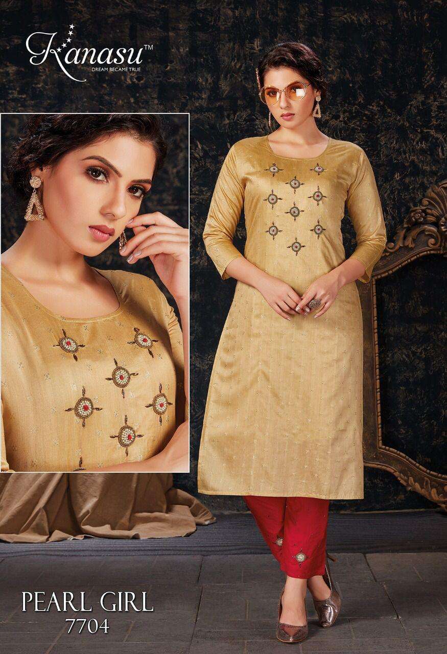 PEARL GIRL BY KANASU 7701 TO 7708 SERIES DESIGNER STYLISH FANCY COLORFUL BEAUTIFUL PARTY WEAR & ETHNIC WEAR COLLECTION CHANDERI SILK WITH WORK KURTIS WITH BOTTOM AT WHOLESALE PRICE