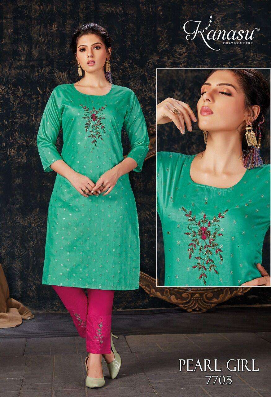 PEARL GIRL BY KANASU 7701 TO 7708 SERIES DESIGNER STYLISH FANCY COLORFUL BEAUTIFUL PARTY WEAR & ETHNIC WEAR COLLECTION CHANDERI SILK WITH WORK KURTIS WITH BOTTOM AT WHOLESALE PRICE