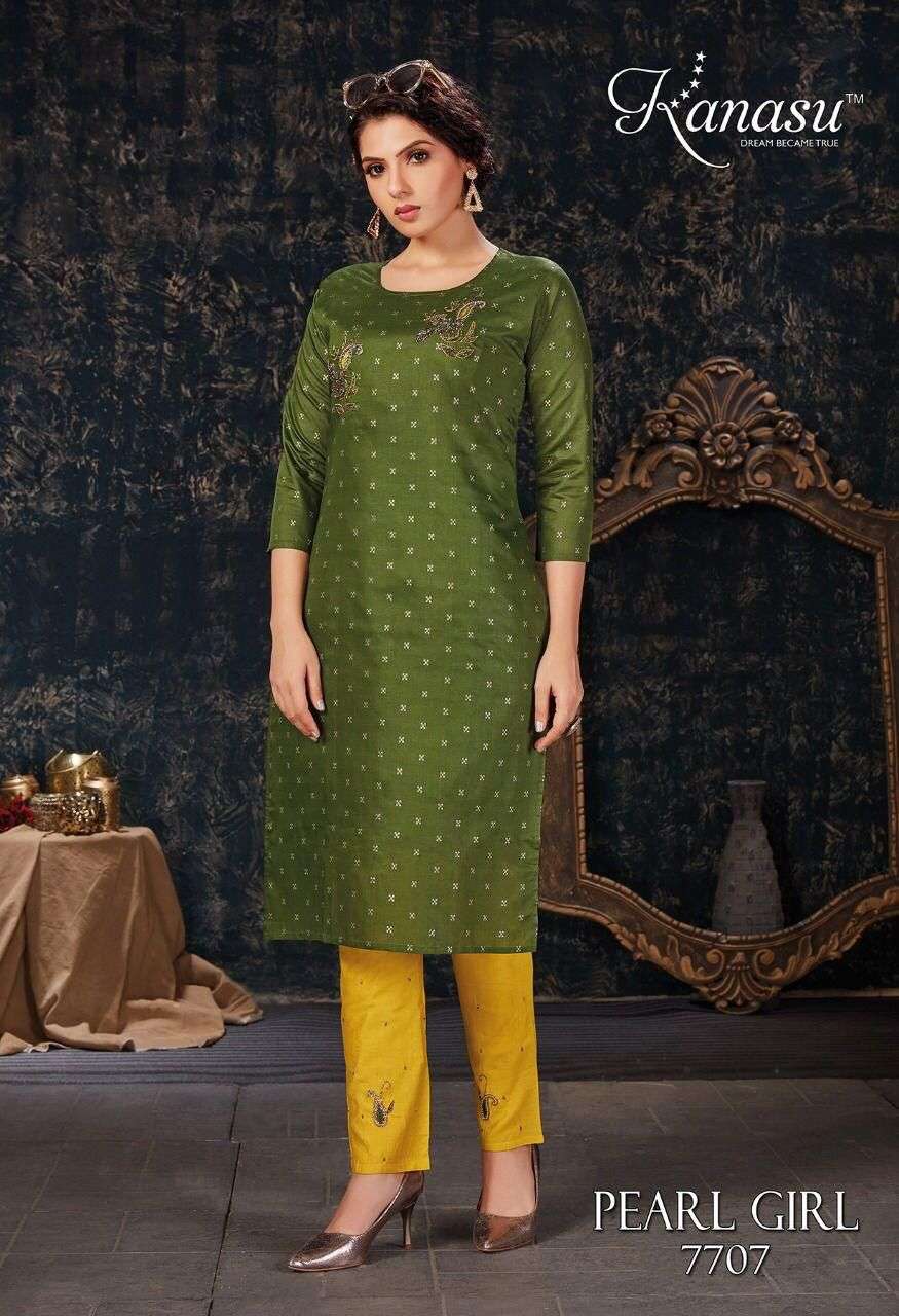 PEARL GIRL BY KANASU 7701 TO 7708 SERIES DESIGNER STYLISH FANCY COLORFUL BEAUTIFUL PARTY WEAR & ETHNIC WEAR COLLECTION CHANDERI SILK WITH WORK KURTIS WITH BOTTOM AT WHOLESALE PRICE