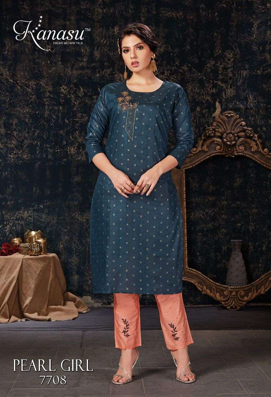 PEARL GIRL BY KANASU 7701 TO 7708 SERIES DESIGNER STYLISH FANCY COLORFUL BEAUTIFUL PARTY WEAR & ETHNIC WEAR COLLECTION CHANDERI SILK WITH WORK KURTIS WITH BOTTOM AT WHOLESALE PRICE