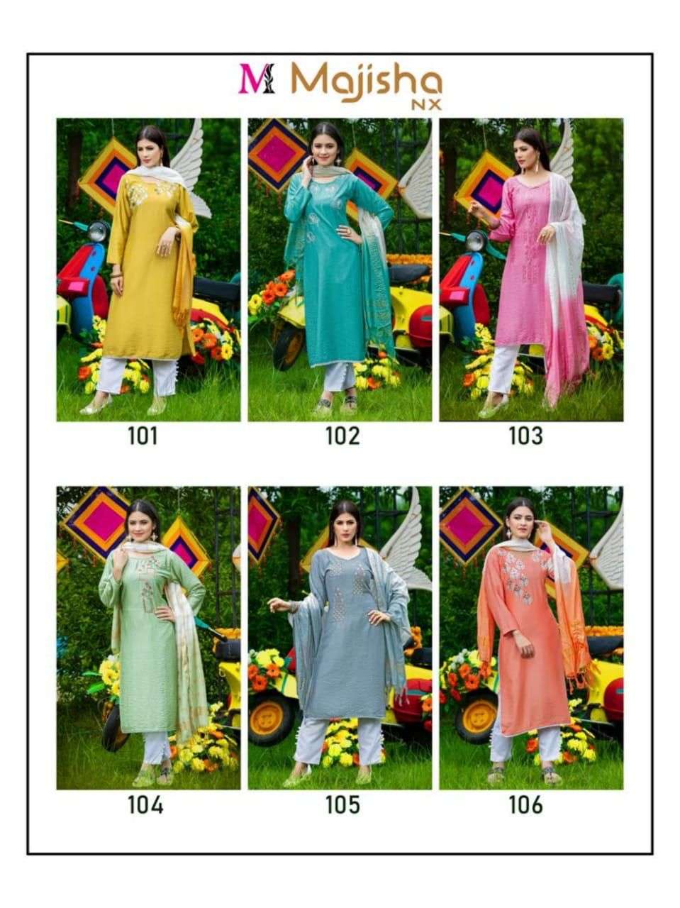 SERINA VOL-1 BY MAJISHA NX 101 TO 106 SERIES BEAUTIFUL SUITS COLORFUL STYLISH FANCY CASUAL WEAR & ETHNIC WEAR VISCOSE SILK RAYON DRESSES AT WHOLESALE PRICE