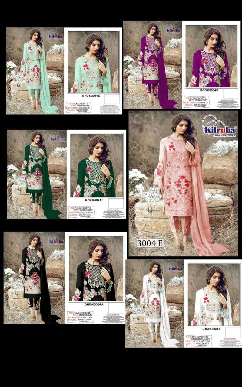 KILRUBA HIT DESIGN 3004 COLOURS BY KILRUBA 3004-A TO 3004-F SERIES PAKISTANI SUITS BEAUTIFUL FANCY COLORFUL STYLISH PARTY WEAR & OCCASIONAL WEAR GEORGETTE EMBROIDERY DRESSES AT WHOLESALE PRICE