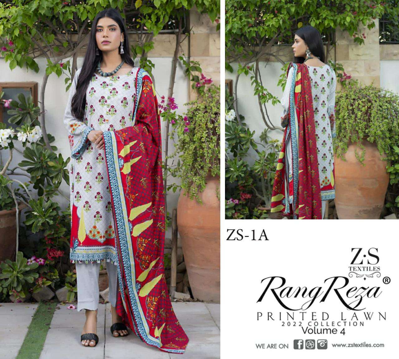 RANG REZA VOL-4 BY ZS TEXTILES 1-A TO 5-B SERIES INDIAN TRADITIONAL WEAR COLLECTION BEAUTIFUL STYLISH FANCY COLORFUL PARTY WEAR & OCCASIONAL WEAR PURE LAWN PRINT DRESSES AT WHOLESALE PRICE