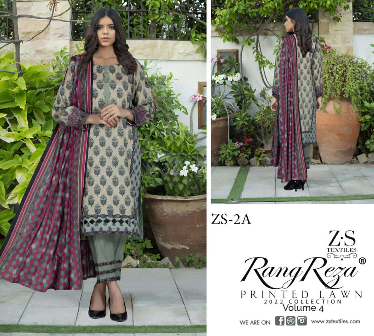 RANG REZA VOL-4 BY ZS TEXTILES 1-A TO 5-B SERIES INDIAN TRADITIONAL WEAR COLLECTION BEAUTIFUL STYLISH FANCY COLORFUL PARTY WEAR & OCCASIONAL WEAR PURE LAWN PRINT DRESSES AT WHOLESALE PRICE