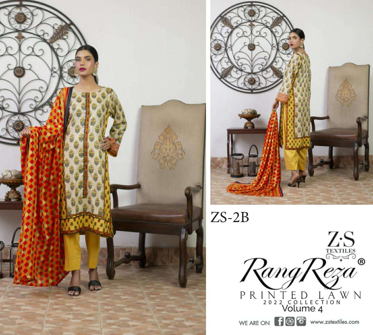 RANG REZA VOL-4 BY ZS TEXTILES 1-A TO 5-B SERIES INDIAN TRADITIONAL WEAR COLLECTION BEAUTIFUL STYLISH FANCY COLORFUL PARTY WEAR & OCCASIONAL WEAR PURE LAWN PRINT DRESSES AT WHOLESALE PRICE
