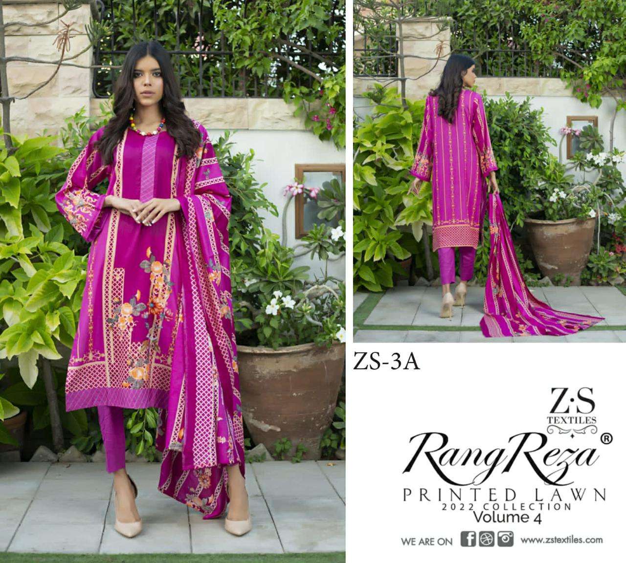 RANG REZA VOL-4 BY ZS TEXTILES 1-A TO 5-B SERIES INDIAN TRADITIONAL WEAR COLLECTION BEAUTIFUL STYLISH FANCY COLORFUL PARTY WEAR & OCCASIONAL WEAR PURE LAWN PRINT DRESSES AT WHOLESALE PRICE