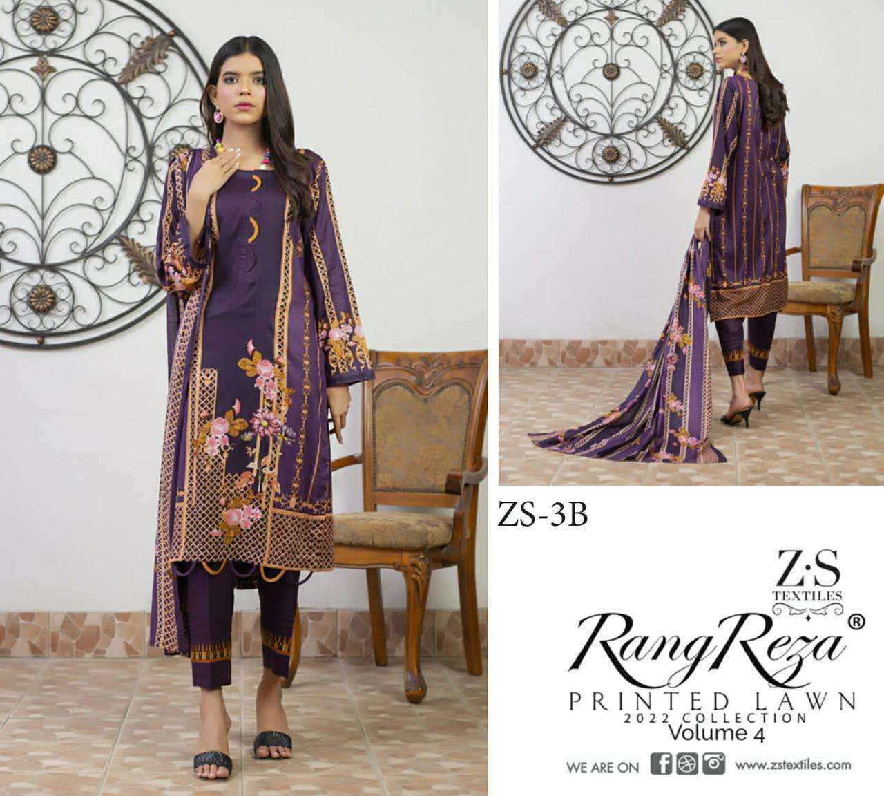 RANG REZA VOL-4 BY ZS TEXTILES 1-A TO 5-B SERIES INDIAN TRADITIONAL WEAR COLLECTION BEAUTIFUL STYLISH FANCY COLORFUL PARTY WEAR & OCCASIONAL WEAR PURE LAWN PRINT DRESSES AT WHOLESALE PRICE