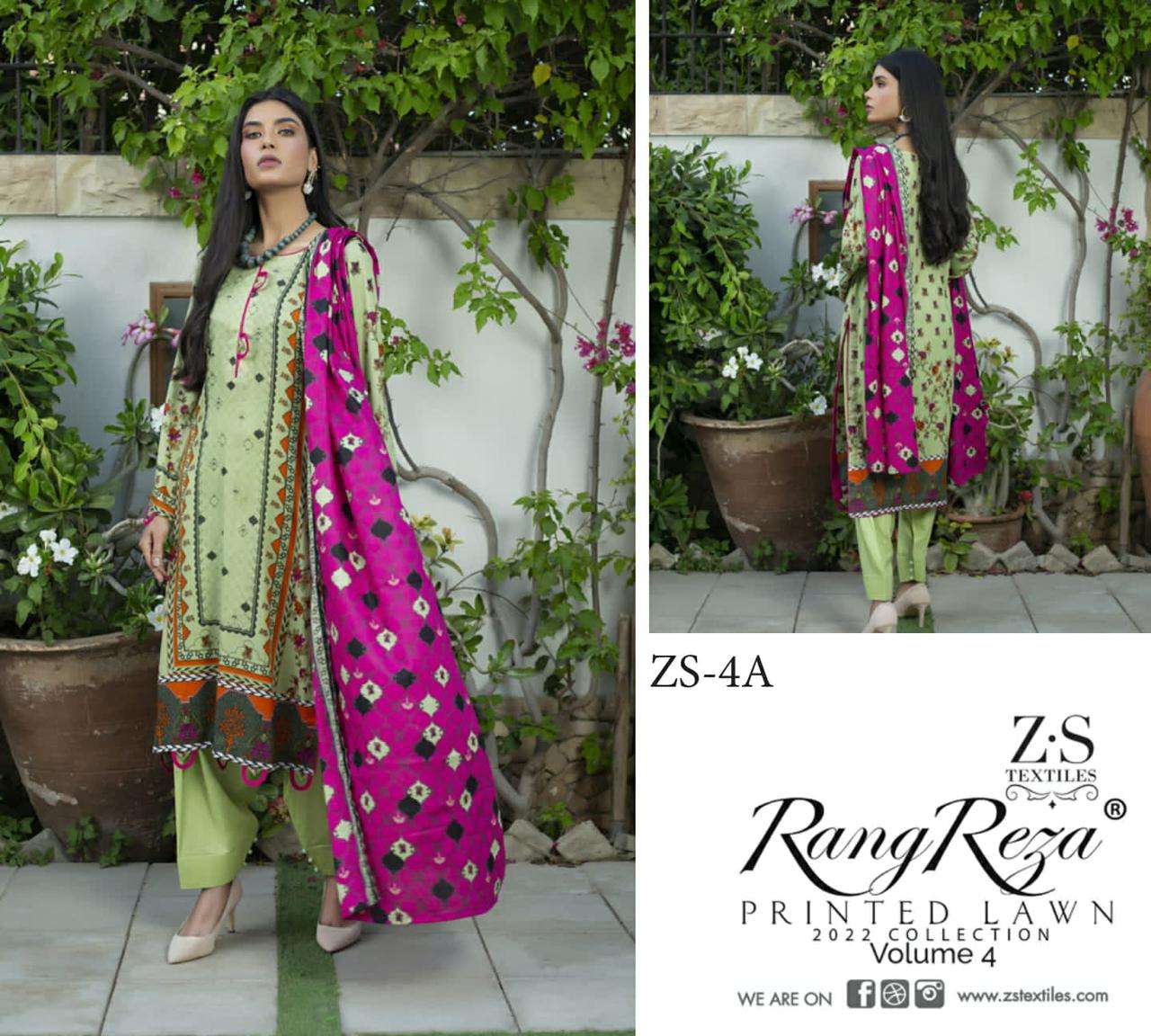 RANG REZA VOL-4 BY ZS TEXTILES 1-A TO 5-B SERIES INDIAN TRADITIONAL WEAR COLLECTION BEAUTIFUL STYLISH FANCY COLORFUL PARTY WEAR & OCCASIONAL WEAR PURE LAWN PRINT DRESSES AT WHOLESALE PRICE