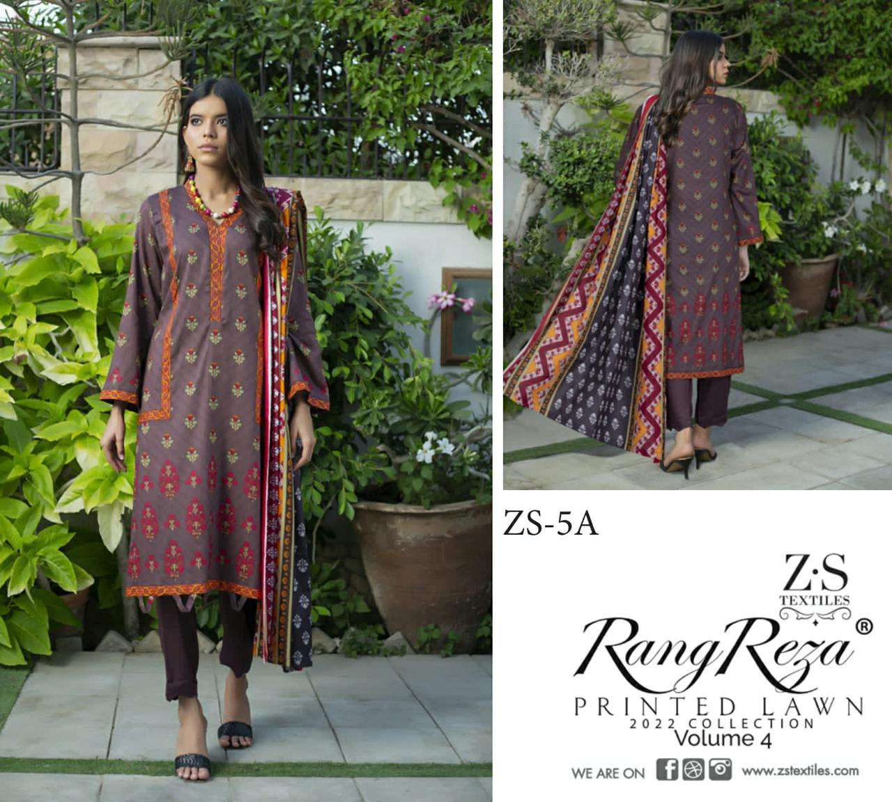 RANG REZA VOL-4 BY ZS TEXTILES 1-A TO 5-B SERIES INDIAN TRADITIONAL WEAR COLLECTION BEAUTIFUL STYLISH FANCY COLORFUL PARTY WEAR & OCCASIONAL WEAR PURE LAWN PRINT DRESSES AT WHOLESALE PRICE