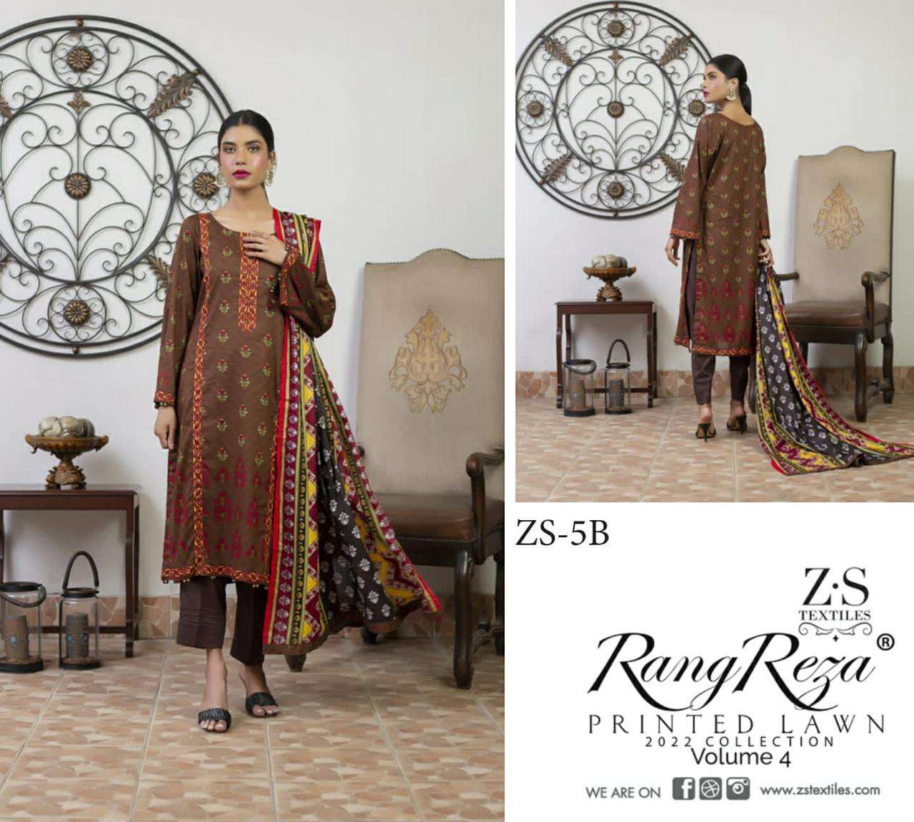 RANG REZA VOL-4 BY ZS TEXTILES 1-A TO 5-B SERIES INDIAN TRADITIONAL WEAR COLLECTION BEAUTIFUL STYLISH FANCY COLORFUL PARTY WEAR & OCCASIONAL WEAR PURE LAWN PRINT DRESSES AT WHOLESALE PRICE
