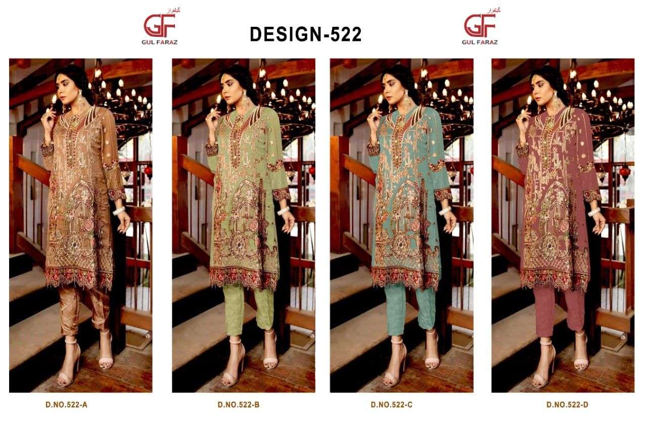 GUL FARAZ 522 COLOURS BY GUL FARAZ 522-A TO 522-D SERIES BEAUTIFUL PAKISTANI SUITS COLORFUL STYLISH FANCY CASUAL WEAR & ETHNIC WEAR GEORGETTE EMBROIDERED DRESSES AT WHOLESALE PRICE