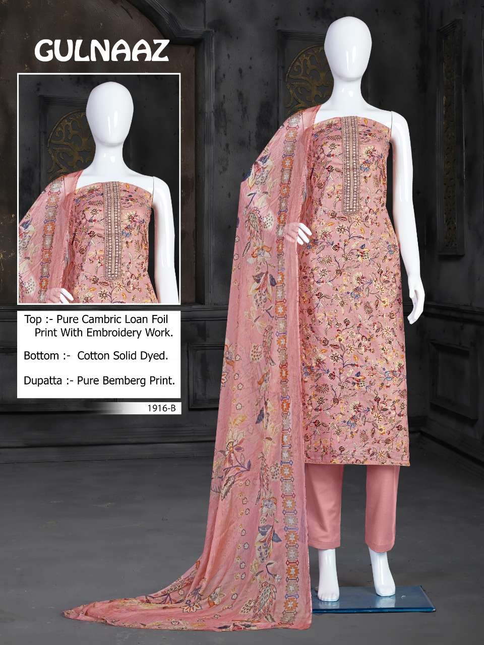 GULNAAZ-1916 BY BIPSON 1916-A TO 1916-D SERIES BEAUTIFUL WINTER COLLECTION SUITS STYLISH FANCY COLORFUL CASUAL WEAR & ETHNIC WEAR PURE CAMBRIC PRINT WITH WORK DRESSES AT WHOLESALE PRICE