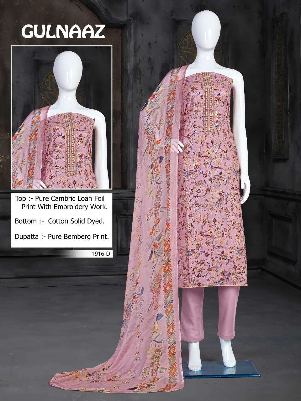GULNAAZ-1916 BY BIPSON 1916-A TO 1916-D SERIES BEAUTIFUL WINTER COLLECTION SUITS STYLISH FANCY COLORFUL CASUAL WEAR & ETHNIC WEAR PURE CAMBRIC PRINT WITH WORK DRESSES AT WHOLESALE PRICE