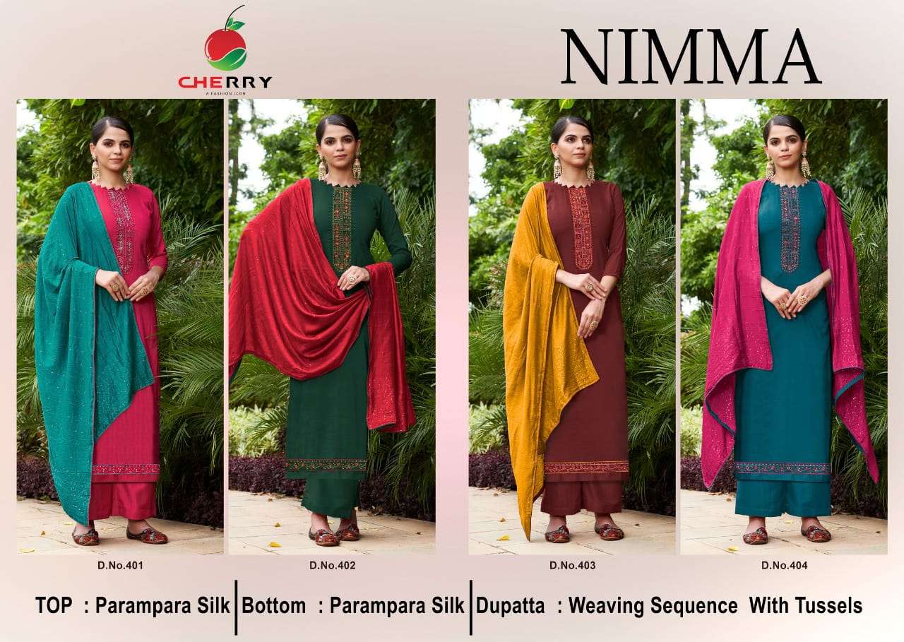 NIMMA BY CHERRY 401 TO 404 SERIES BEAUTIFUL SUITS COLORFUL STYLISH FANCY CASUAL WEAR & ETHNIC WEAR PURE SILK DRESSES AT WHOLESALE PRICE
