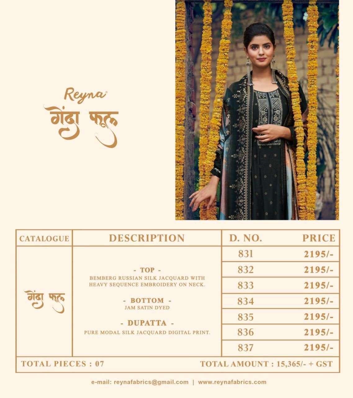 Genda Phool By Reyna 831 To 837 Series Beautiful Suits Colorful Stylish Fancy Casual Wear & Ethnic Wear Bemberg Silk Dresses At Wholesale Price