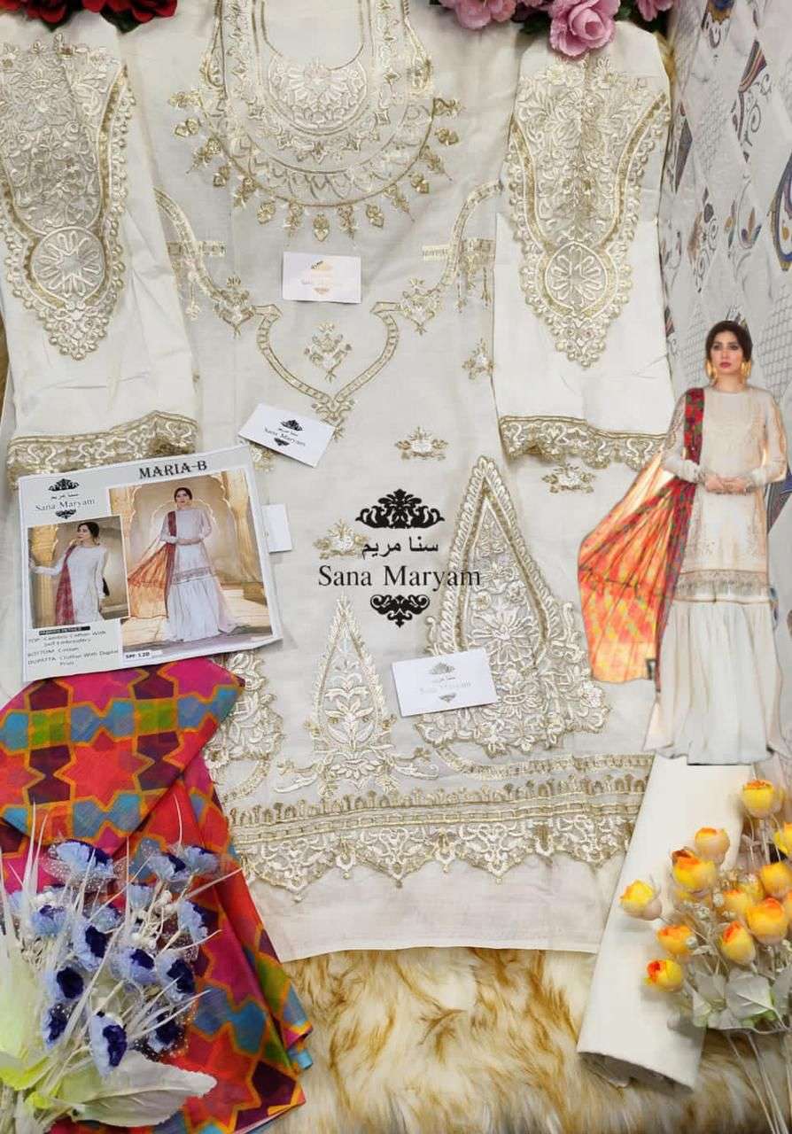 MARIA-B BY SANA MARYAM DESIGNER PAKISTANI WEAR COLLECTION BEAUTIFUL STYLISH FANCY COLORFUL PARTY WEAR & OCCASIONAL WEAR CAMBRIC COTTON EMBROIDERED DRESSES AT WHOLESALE PRICE
