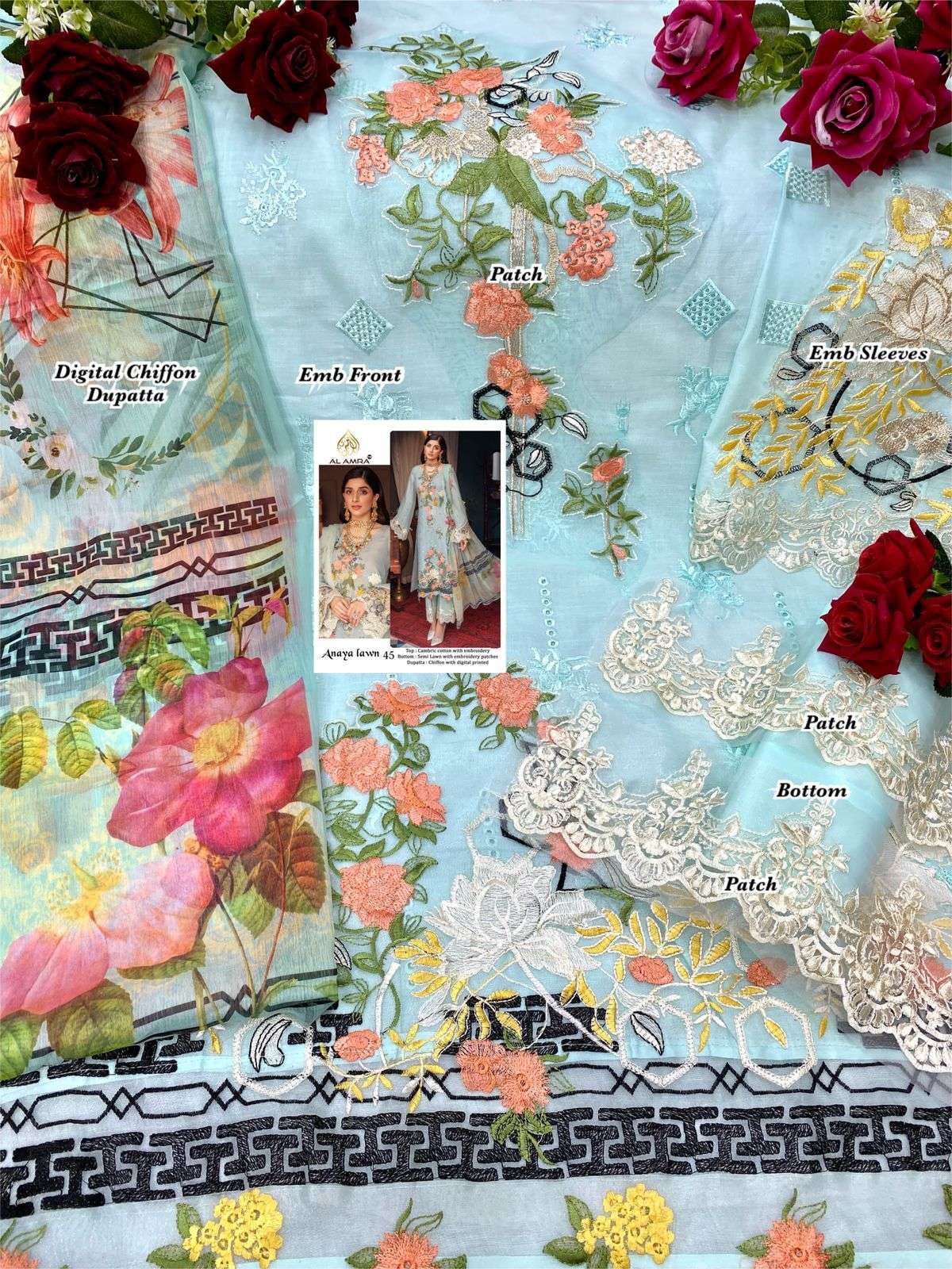 ANAYA LAWN 45 BY AL AMRA PAKISTANI SUITS BEAUTIFUL FANCY COLORFUL STYLISH PARTY WEAR & OCCASIONAL WEAR CAMBRIC COTTON WITH EMBROIDERY DRESSES AT WHOLESALE PRICE