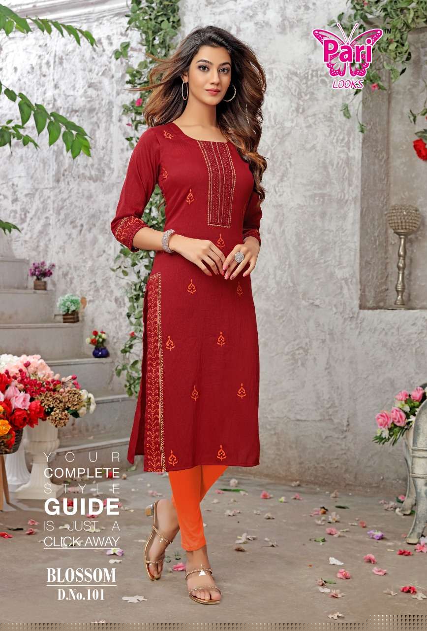 BLOSSOM BY PARI 101 TO 108 SERIES DESIGNER STYLISH FANCY COLORFUL BEAUTIFUL PARTY WEAR & ETHNIC WEAR COLLECTION VISCOSE RAYON KURTIS AT WHOLESALE PRICE