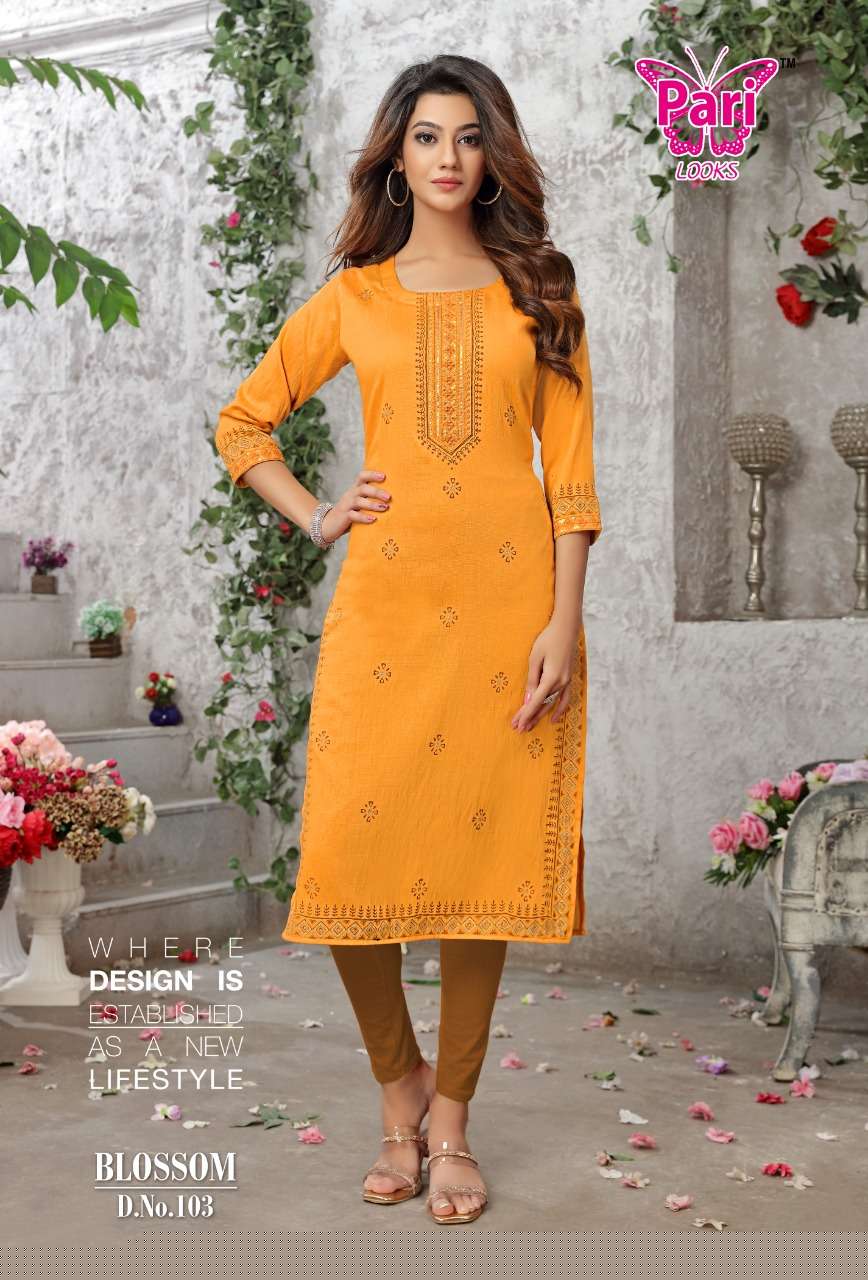 BLOSSOM BY PARI 101 TO 108 SERIES DESIGNER STYLISH FANCY COLORFUL BEAUTIFUL PARTY WEAR & ETHNIC WEAR COLLECTION VISCOSE RAYON KURTIS AT WHOLESALE PRICE