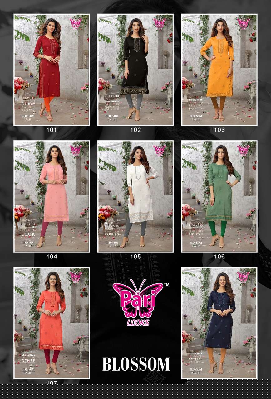 BLOSSOM BY PARI 101 TO 108 SERIES DESIGNER STYLISH FANCY COLORFUL BEAUTIFUL PARTY WEAR & ETHNIC WEAR COLLECTION VISCOSE RAYON KURTIS AT WHOLESALE PRICE