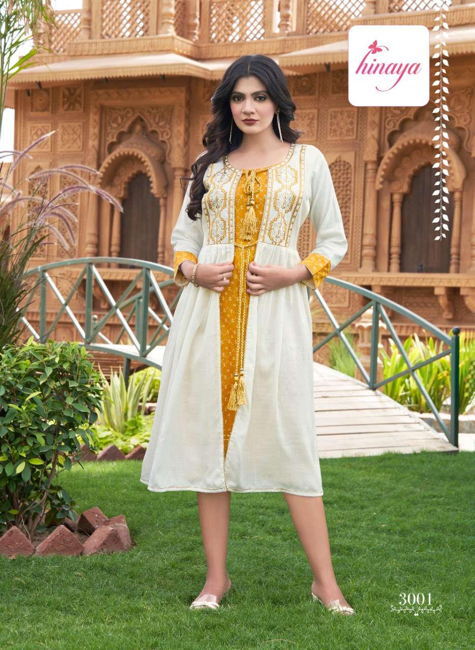 ANAYSHA VOL-3 BY HINAYA 1001 TO 1004 SERIES DESIGNER STYLISH FANCY COLORFUL BEAUTIFUL PARTY WEAR & ETHNIC WEAR COLLECTION PURE RAYON KURTIS WITH JACKETS AT WHOLESALE PRICE