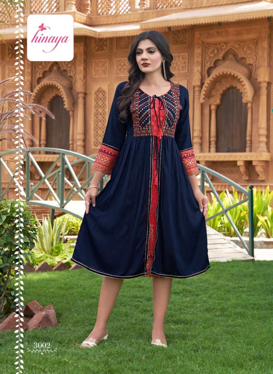 ANAYSHA VOL-3 BY HINAYA 1001 TO 1004 SERIES DESIGNER STYLISH FANCY COLORFUL BEAUTIFUL PARTY WEAR & ETHNIC WEAR COLLECTION PURE RAYON KURTIS WITH JACKETS AT WHOLESALE PRICE