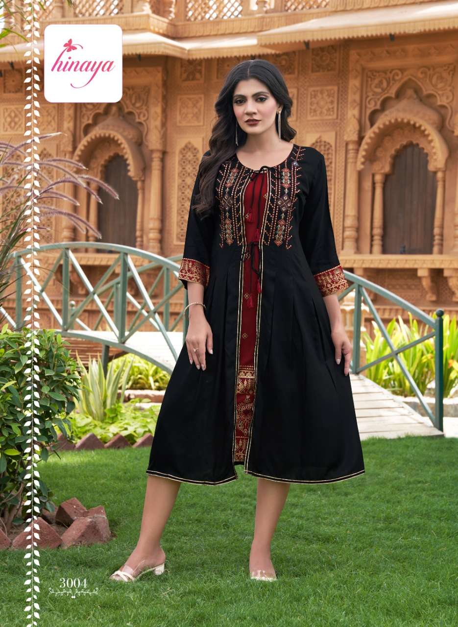 ANAYSHA VOL-3 BY HINAYA 1001 TO 1004 SERIES DESIGNER STYLISH FANCY COLORFUL BEAUTIFUL PARTY WEAR & ETHNIC WEAR COLLECTION PURE RAYON KURTIS WITH JACKETS AT WHOLESALE PRICE