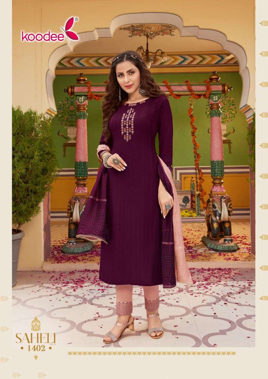 Saheli Vol-14 By Koodee 1401 To 1406 Series Beautiful Stylish Festive Suits Fancy Colorful Casual Wear & Ethnic Wear & Ready To Wear Viscose Velvet Embroidered Dresses At Wholesale Price