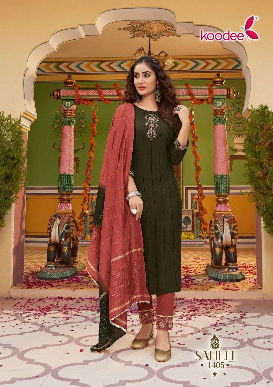 Saheli Vol-14 By Koodee 1401 To 1406 Series Beautiful Stylish Festive Suits Fancy Colorful Casual Wear & Ethnic Wear & Ready To Wear Viscose Velvet Embroidered Dresses At Wholesale Price