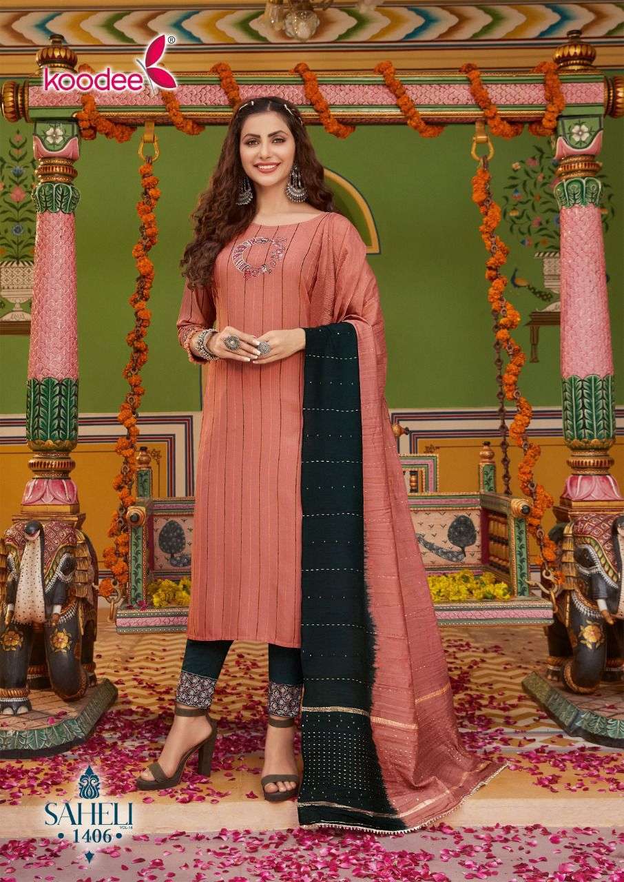 Saheli Vol-14 By Koodee 1401 To 1406 Series Beautiful Stylish Festive Suits Fancy Colorful Casual Wear & Ethnic Wear & Ready To Wear Viscose Velvet Embroidered Dresses At Wholesale Price