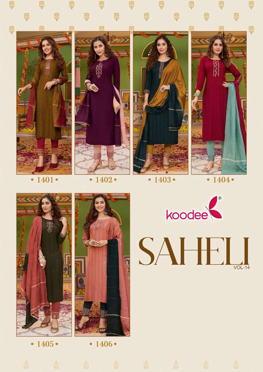Saheli Vol-14 By Koodee 1401 To 1406 Series Beautiful Stylish Festive Suits Fancy Colorful Casual Wear & Ethnic Wear & Ready To Wear Viscose Velvet Embroidered Dresses At Wholesale Price