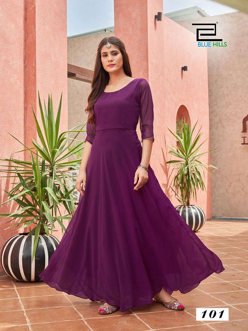 GINISHA BY BLUE HILLS 101 TO 105 SERIES BEAUTIFUL STYLISH FANCY COLORFUL CASUAL WEAR & ETHNIC WEAR GEORGETTE GOWNS AT WHOLESALE PRICE