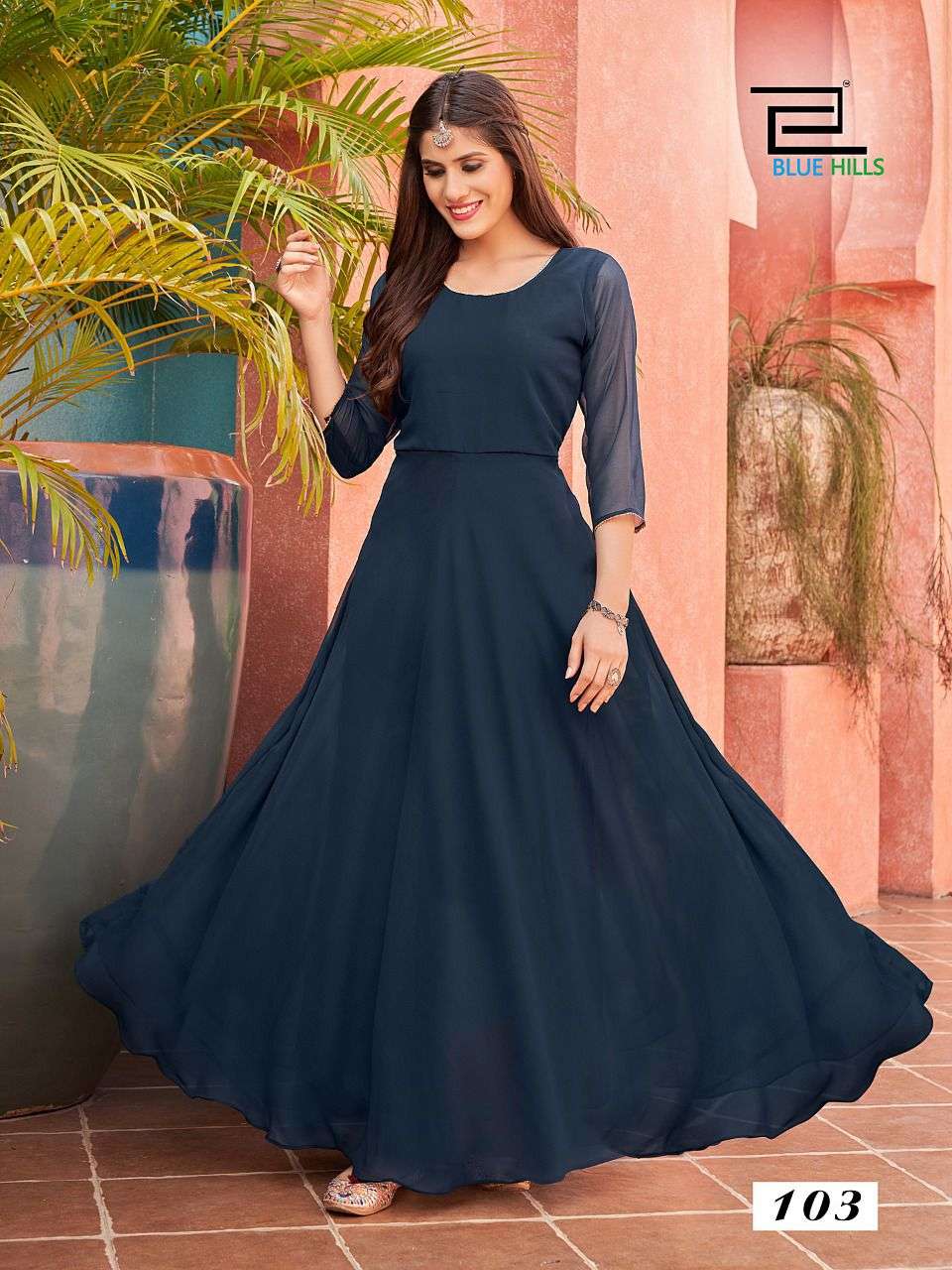 GINISHA BY BLUE HILLS 101 TO 105 SERIES BEAUTIFUL STYLISH FANCY COLORFUL CASUAL WEAR & ETHNIC WEAR GEORGETTE GOWNS AT WHOLESALE PRICE