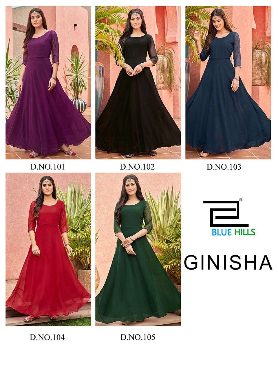 GINISHA BY BLUE HILLS 101 TO 105 SERIES BEAUTIFUL STYLISH FANCY COLORFUL CASUAL WEAR & ETHNIC WEAR GEORGETTE GOWNS AT WHOLESALE PRICE