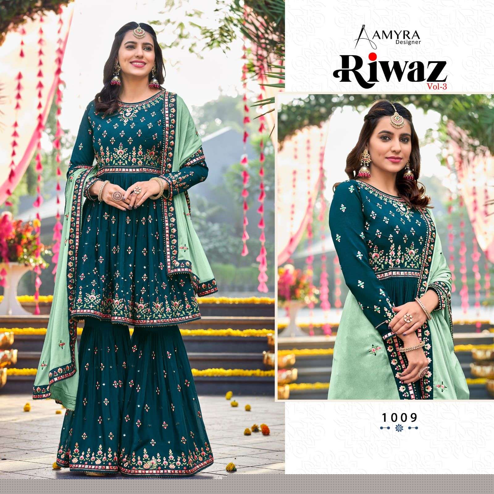 Riwaz Vol-3 By Amyra Designer 1009 To 1012 Series Beautiful Stylish Sharara Suits Fancy Colorful Casual Wear & Ethnic Wear & Ready To Wear Heavy Chinnon Embroidered Dresses At Wholesale Price
