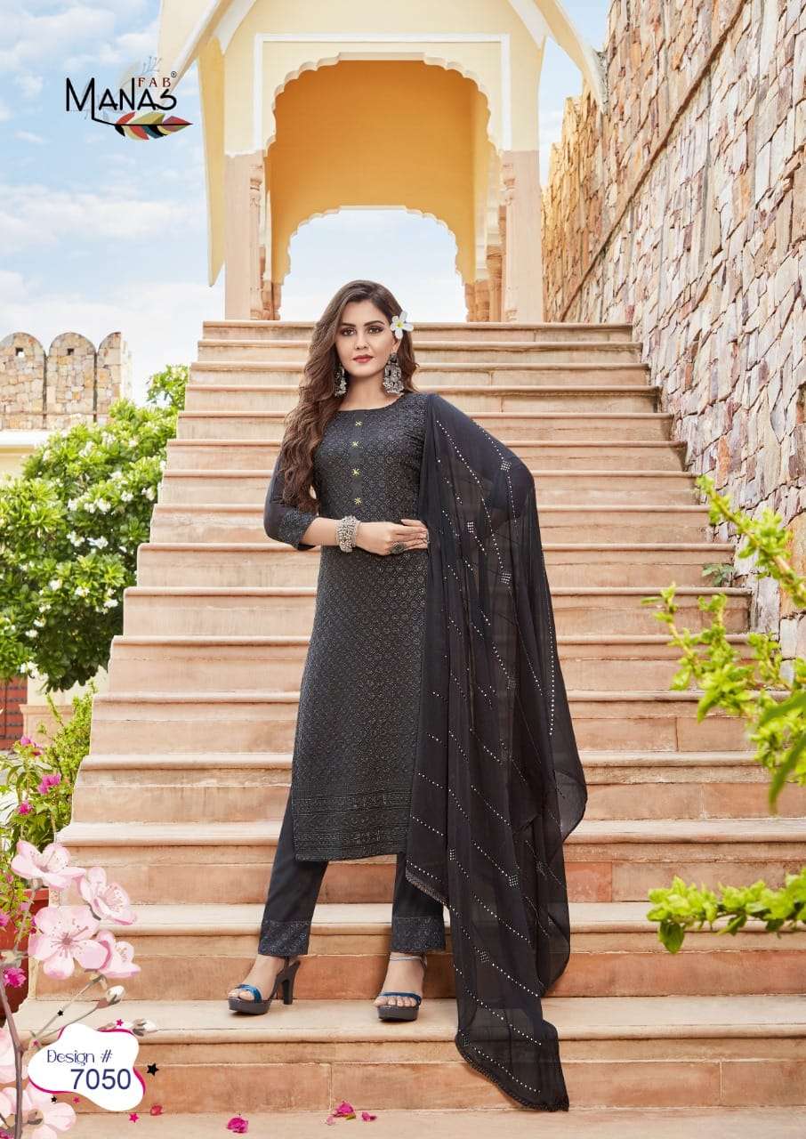 SCHIFFLI VOL-9 BY MANAS FAB 7049 TO 7054 SERIES BEAUTIFUL SUITS COLORFUL STYLISH FANCY CASUAL WEAR & ETHNIC WEAR RAYON WITH SCHIFFLI WORK DRESSES AT WHOLESALE PRICE