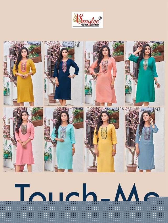 TOUCH ME BY SMYLEE 01 TO 08 SERIES DESIGNER STYLISH FANCY COLORFUL BEAUTIFUL PARTY WEAR & ETHNIC WEAR COLLECTION VISCOSE RAYON KURTIS AT WHOLESALE PRICE