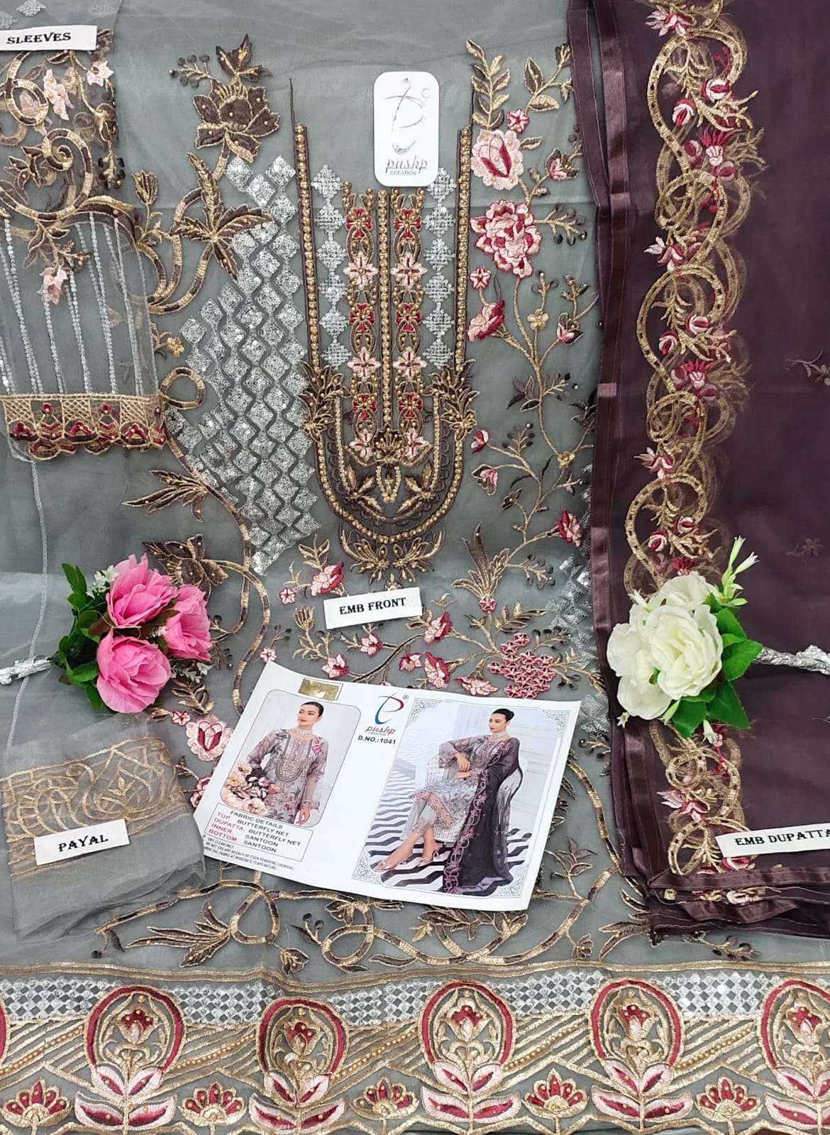 PUSHP HIT DESIGN 1041 BY PUSHP CREATION DESIGNER PAKISTANI SUITS BEAUTIFUL STYLISH FANCY COLORFUL PARTY WEAR & OCCASIONAL WEAR NET EMBROIDERED DRESSES AT WHOLESALE PRICE
