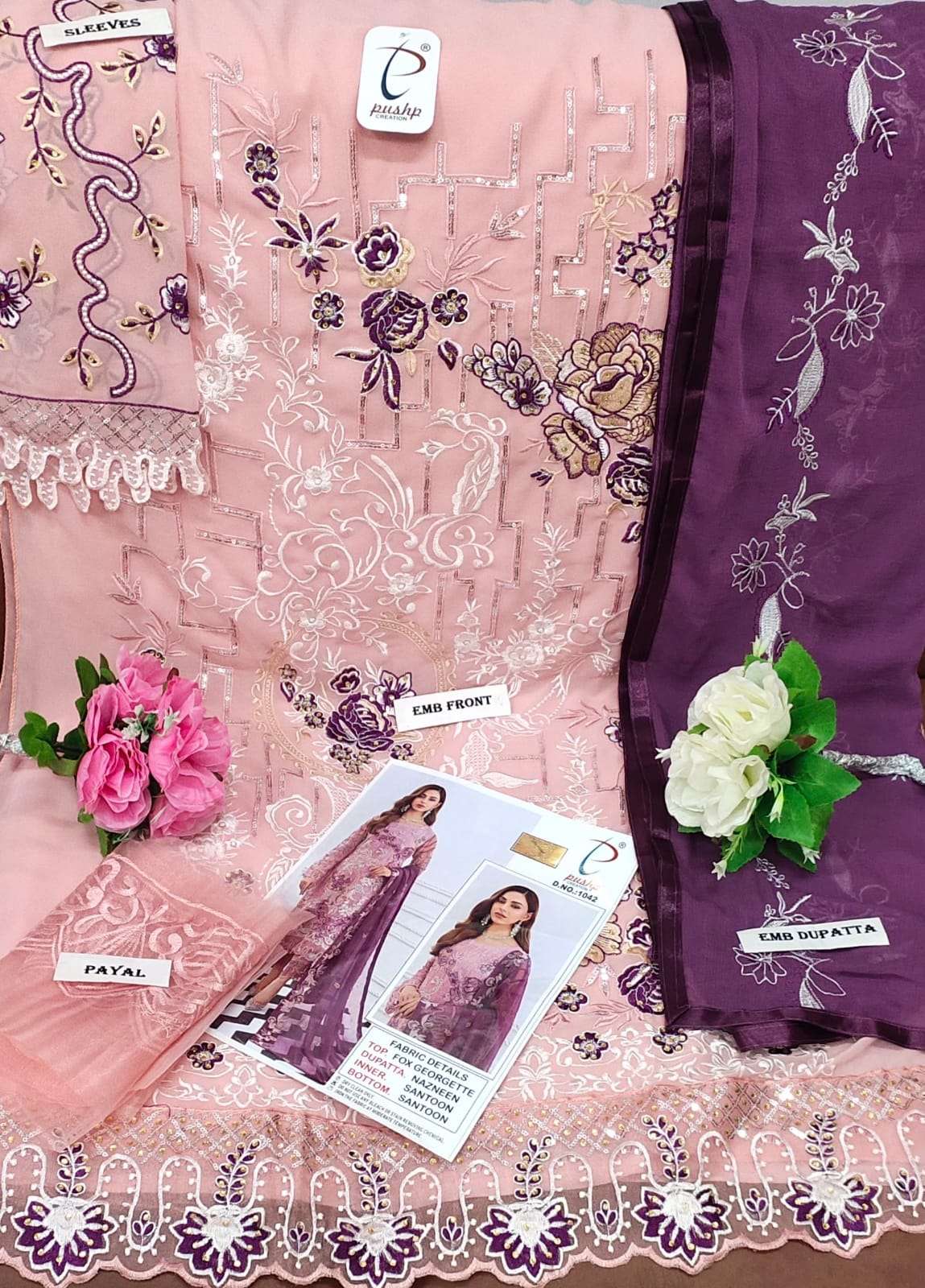 PUSHP HIT DESIGN 1042 BY PUSHP CREATION DESIGNER PAKISTANI SUITS BEAUTIFUL STYLISH FANCY COLORFUL PARTY WEAR & OCCASIONAL WEAR FAUX GEORGETTE EMBROIDERED DRESSES AT WHOLESALE PRICE
