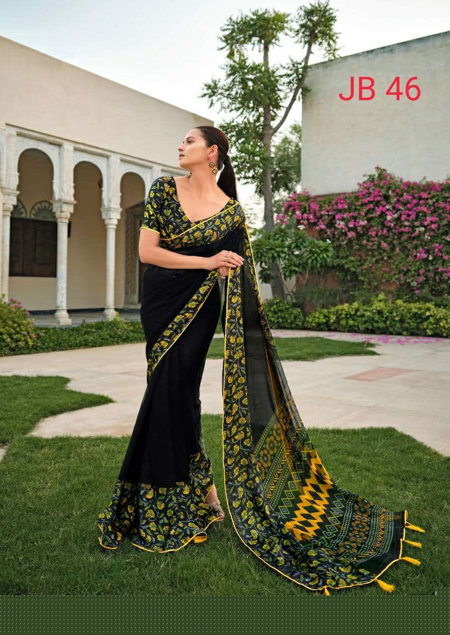 JEEVIKA BLACK VOL-5 BY SR 46 TO 50 SERIES INDIAN TRADITIONAL WEAR COLLECTION BEAUTIFUL STYLISH FANCY COLORFUL PARTY WEAR & OCCASIONAL WEAR WEIGHTLESS SATIN SAREES AT WHOLESALE PRICE