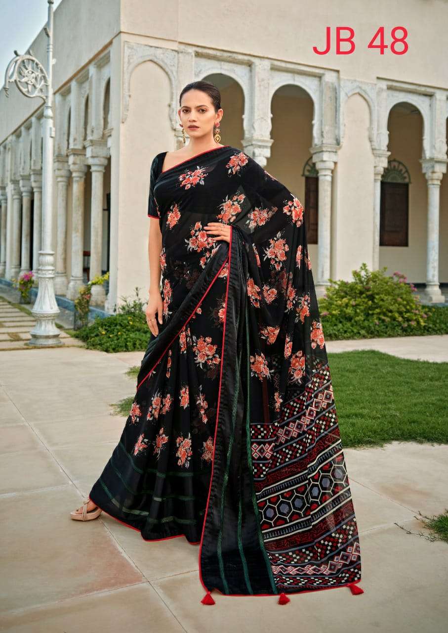 JEEVIKA BLACK VOL-5 BY SR 46 TO 50 SERIES INDIAN TRADITIONAL WEAR COLLECTION BEAUTIFUL STYLISH FANCY COLORFUL PARTY WEAR & OCCASIONAL WEAR WEIGHTLESS SATIN SAREES AT WHOLESALE PRICE