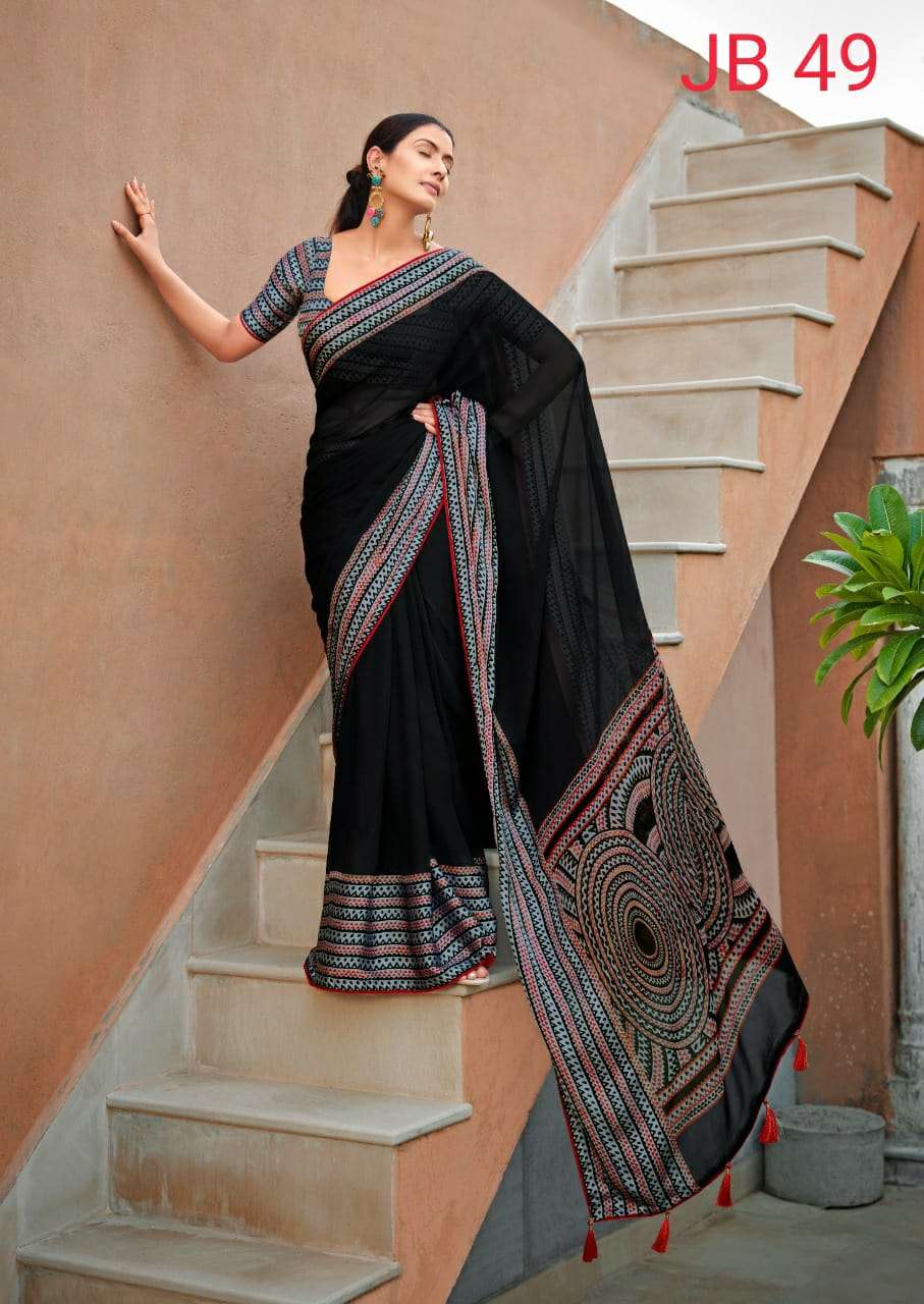 JEEVIKA BLACK VOL-5 BY SR 46 TO 50 SERIES INDIAN TRADITIONAL WEAR COLLECTION BEAUTIFUL STYLISH FANCY COLORFUL PARTY WEAR & OCCASIONAL WEAR WEIGHTLESS SATIN SAREES AT WHOLESALE PRICE