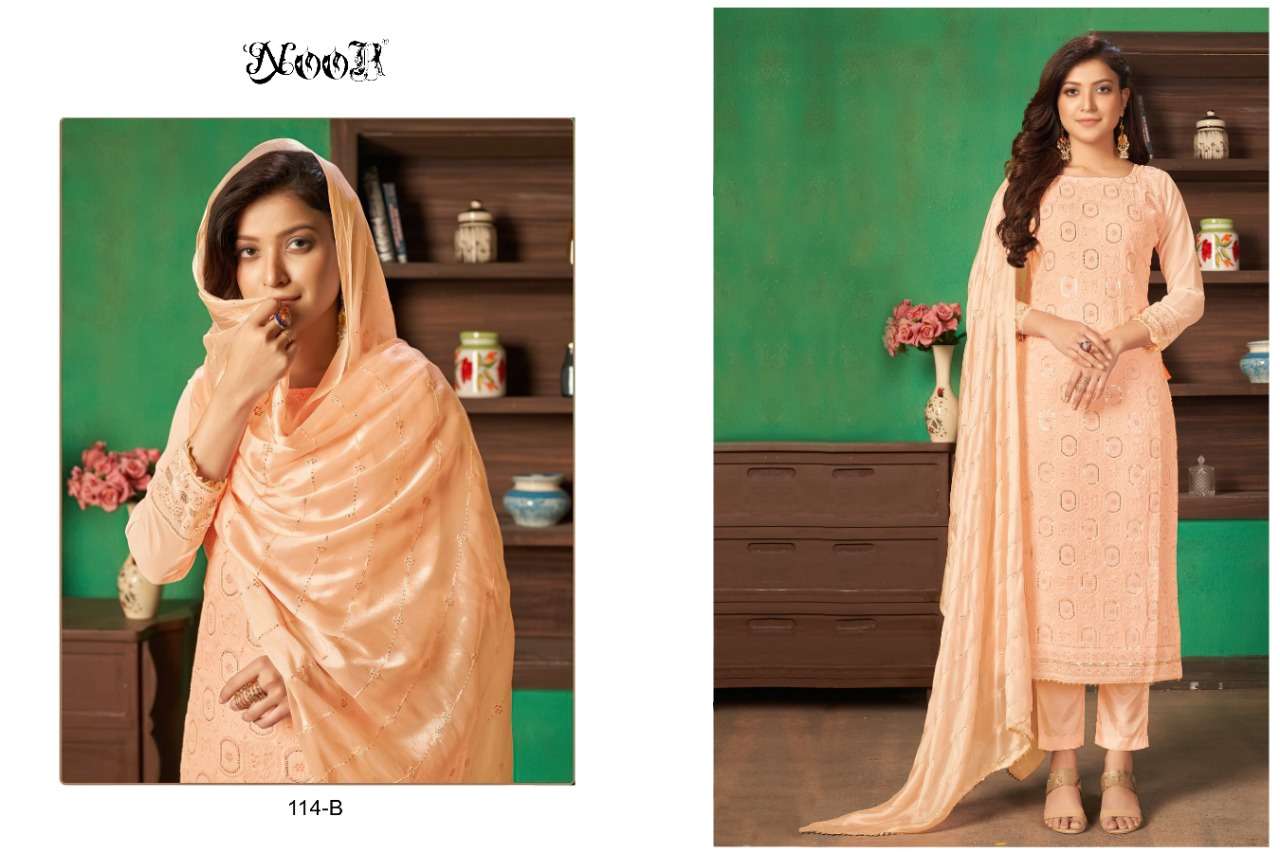NOOR 114 COLOURS BY NOOR 114-A TO 114-E SERIES PAKISTANI STYLISH BEAUTIFUL COLOURFUL PRINTED & EMBROIDERED PARTY WEAR & OCCASIONAL WEAR GEORGETTE EMBROIDERED DRESSES AT WHOLESALE PRICE